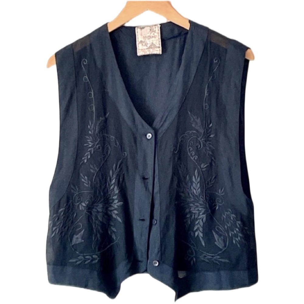 90s Tramp Vest  Black Embroidered Hobo Hippie Boho Sheer Top Shirt Sz M